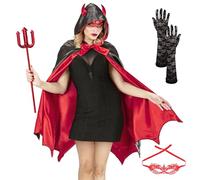 SALADOCY Costume di Halloween in 4 pezzi, comprendente mantello da donna, maschera per occhi in pizzo, guanti in pizzo, forcone del diavolo, per la festa di Halloween Cosplay