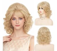 Salaibs Parrucca da donna bionda corta e riccia con frangia, lunghezza spalle anni '70 e '80, parrucca in fibra naturale resistente al calore, per cosplay, costume, discoteca, feste