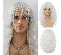 Salaibs Parrucca lunga da uomo bianca con frangia anni '70 anni '80 Kinky ricci rocker soffice parrucca per capelli punk pesante perfetta in fibra sintetica per cosplay Halloween uso