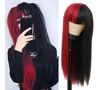 Salaibs Parrucca sintetica da donna, mezza rossa, mezza nera, lunga, liscia, con frangia, per feste di Halloween, costume (rosso nero)