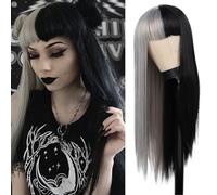 Salaibs Parrucche lunghe metà grigie nere per le donne dritto goth parrucca per capelli con bangs fibra resistente al calore Cosplay Halloween parrucca