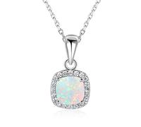 SALAN Collane con Ciondolo in Opale di Fuoco in Argento Sterling 925 con Zirconi Cubici, Collana in Pietra Opale Bianca Quadrata, Regalo per Le Donne