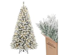 SALCAR Albero di Natale Artificiale Innevato 180 cm, Abete di Natale Folto con Guanti e Supporto in Legno, Ignifugo, 828 Punte per Rami - Bianco