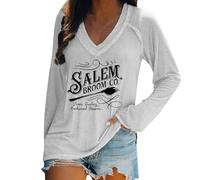 Salem Broom Co Camicie di Halloween da donna divertenti magliette da strega spaventoso costumi di Halloween con scollo a V a maniche lunghe top abiti da festival, bianco, XXXL