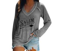 Salem Broom Co Camicie di Halloween da donna divertenti magliette da strega spaventoso costumi di Halloween con scollo a V a maniche lunghe top abiti da festival, Grigio, M