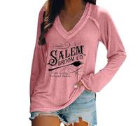 Salem Broom Co Camicie di Halloween da donna divertenti magliette da strega spaventoso costumi di Halloween con scollo a V a maniche lunghe top abiti da festival, rosa, M