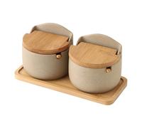 Saliera in legno - Contenitore per sale in ceramica con coperchio girevole magnetico, cucchiaio in legno incorporato, barattolo per condimento per pepe, zucchero, spezie, organizer da cucina rustico
