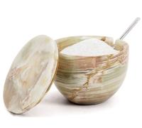 Saliera in marmo di onice verde con coperchio e cucchiaio, 7,6 x 10,2 cm, sale e pepe per cucina, porta sale con coperchio e cucchiaio