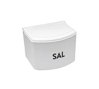 Saliera in plastica con coperchio bianco, ideale per mantenere il sale fresco, facile da usare e pulire, design moderno e funzionale.
