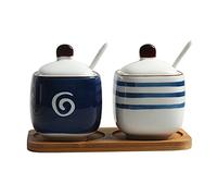 saliera, Set di 3 contenitori for spezie in ceramica con cucchiai e coperchi, for conservare pepe, zucchero, sale - Confezione da 2(Pack of 2)