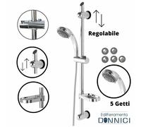 Kit Asta Doccia Saliscendi regolabile 70cm con soffione 5 getti di acqua multifunzione, con tubo e portasapone, in ABS cromato, colonna per vasca da bagno