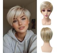 Sallcks Parrucca corta bionda da donna stratificata mista biondo platino resistente al calore, parrucca sintetica per feste e cosplay,
