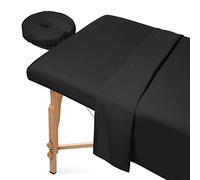 Saloniture Set di lenzuola per lettino da massaggio in microfibra, 3 pezzi, di alta qualità, include lenzuola piatte e con angoli e copertura per culla per il viso, colore nero