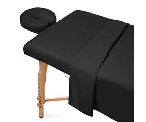 Saloniture Set di lenzuola per lettino da massaggio in microfibra, 3 pezzi, di alta qualità, include lenzuola piatte e con angoli e copertura per culla per il viso, colore nero