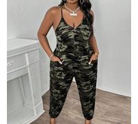 Salopette con stampa mimetica a collo a V ampio stile stradale estivo con tasca per donne di taglia più 0XL,1XL,2XL,3XL,4XL,5XLMilitare,stampa dappertuttoTessuto in maglia