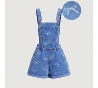 Salopette corta in jeans blu con fiocco bianco per ragazze adolescenti, abbigliamento casual da vacanza country boho per primavera ed estate, outfit da spiaggia per ragazze, abbigliamento western casu