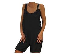 Salopette da donna corta in lino, a gamba larga, con bretelle, Blu, S