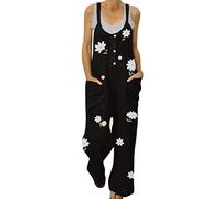 Salopette da donna elasticizzate: salopette da donna in tessuto estivo, pantaloni lunghi e leggeri con fiori di lino, gamba larga, tuta estiva per donne con bretelle regolabili, Nero , XXL