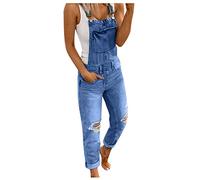 Salopette da donna in jeans, in denim, a gamba dritta, con taglio dritto, in tessuto elasticizzato, salopette da donna con bretelle, in jeans, salopette da donna in denim, con strappi, con effetto