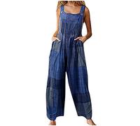 Salopette da donna in lino, lunghezza a gamba larga, stile vintage, con tasche laterali, per il tempo libero, 70 pezzi, patchwork