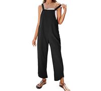 Salopette da donna, senza maniche, taglie forti, estiva, con spalline sottili, gamba larga, casual, tinta unita, con tasche, salopette in cotone da donna, per vacanze e spiaggia, taglia S-XXL, Nero ,