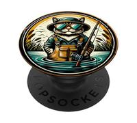 Salopette da pesca divertente con gatto che indossa la pesca PopSockets PopGrip Adesivo