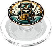 Salopette da pesca divertente con gatto che indossa la pesca PopSockets PopGrip per MagSafe