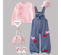 Salopette in denim blu medio vintage alla moda e versatile per ragazze giovani, primavera/estate/autunno/inverno, decorazione con fiocchi rossi e rosa per un'atmosfera carina, design con grande fiocco