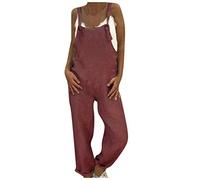 Salopette in lino, da donna, estive, taglie grandi, stile vintage, con gamba larga, pantaloni da jogging e pantaloni da lavoro, leggeri, sottili, per primavera, pantaloni lunghi, rosso vivo, XXL