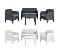 Salotto 4 posti da esterno giardino divano e due poltrone con tavolino in resina effetto rattan con cuscini Matilde