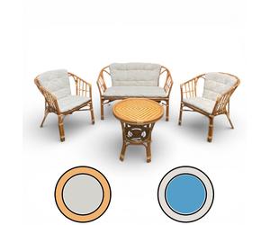 Salotto da esterno 4 posti con cuscini imbottiti e struttura in legno wicker con tavolino