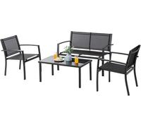 Salotto Da Esterno In Acciaio 2 Poltrone 1 Divano 1 Tavolo Giardino Esterno Con Seduta In Textilene Patio Salottino Relax Primavera Estate Mobili Estivi 4 Posti Tavolo Ripiano In Vetro - Nero