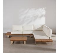 Salotto da giardino 4/5 posti in alluminio beige, legno di acacia e cuscini in poliestere riciclato écru