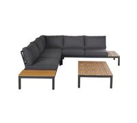 Salotto da giardino 4/5 posti in alluminio grigio antracite e effetto legno con cuscini di poliestere riciclato grigio antracite