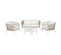 Salotto da giardino 4 posti in resina intrecciata effetto rattan e cuscini bianchi