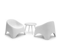 Salotto da giardino Moderno bianco 3 Pezzi con 2 Poltrone Monoblocco Ergonomiche e Tavolino Circolare in Polipropilene Resistente UV Arredo Outdoor Design per Terrazzo hotel Bar particolare elegante.