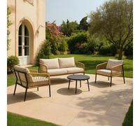 Salotto Felipe con Cuscini, Struttura Antracite e Intreccio Naturale, Set 4 Pezzi