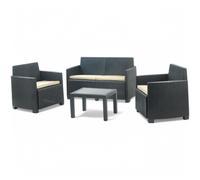 Salotto per esterno in polietilene rattan 2 poltrone 1 divano biposto con cuscini e 1 tavolino