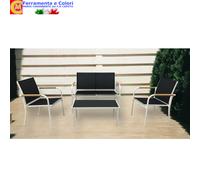 Salotto Set Salottino Beige Bianco Nero 4 Pezzi Divano 2 Poltrone Tavolo Caffe