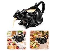 Salsiera in ceramica a forma di gatto che vomita, salsa Kitty per sciroppo | Ceramica smaltata antimacchia, uso a casa, cene, feste, beccuccio a coda di gatto, design pulito, 3 dimensioni