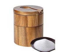 Salt Cellar - Pepper Container with Magnetic Swivel Lid, 2-Layer Wood Storage Bowl | Comes with Spoon for Easy Dispensing, Perfect for Seasoning Cooking Dining Table Kitchen Organization, 9x9x10.5cm