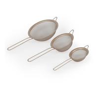 Salter BW12616EU7 - Set di setacci - filtri in rete metallica fine in acciaio inossidabile, 3 pezzi, colini multiuso per farina con supporti per ciotola, 10/14/20 cm, oro
