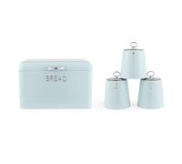 Salter Retro Blue Set da 4 pezzi per il piano cucina - Contenitore per pane, barattoli per tè, caffè e zucchero, contenitori per alimenti secchi, acciaio resistente, elegante scritta in rilievo