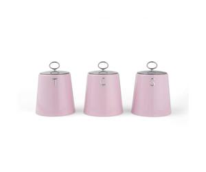Salter Retro set 3 barattoli tè, caffè e zucchero, rosa | Struttura in acciaio, scritte in rilievo, coperchi aderenti, per alimenti secchi, ordine sul piano cucina