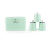 Salter Retro set da cucina 4 pezzi, portapane verde con barattoli | Acciaio resistente, scritte in rilievo, per tè caffè e zucchero, per pane e alimenti secchi, set coordinato da cucina