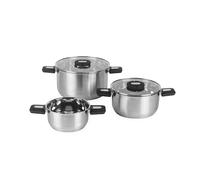 Salter Set di pentole impilabili 3 pezzi - Pentole in acciaio inox da 16/20/24 cm, manici pieghevoli con rivestimento morbido al tatto, adatte per induzione, coperchi in vetro temperato