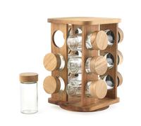 Salter Toronto Rotating Spice Rack - 12 Barattoli di Vetro Compatti Ricaricabili Inc. Etichette per Spezie, Coperchio a Vite, Legno di Acacia FSC e Coperchi a Vite, Freschezza Duratura, Base Girevole