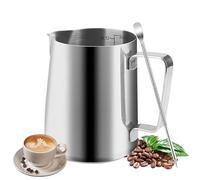Salubohu Bricco Latte, 350ml Bricco Latte Professionale in Acciaio Inox con Scala, Inclusa l'Ago per il Latte Artistico, Adatta per Baristi per la Preparazione di Cappuccino, Espresso e Latte(Argento)