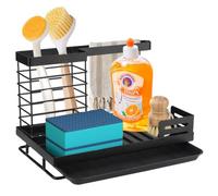 Salubohum Porta spugne lavello cucina, organizer lavello cucina, portaposate per lavello, portaspazzole e spugna con vaschetta di drenaggio, scaffale per lavello da banco(nero)