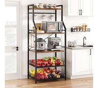 Salutmeuble Scaffale da cucina retrò - supporto per microonde e stazione caffè con 2 cestelli cablati e 8 ganci (5 livelli, marrone vintage)